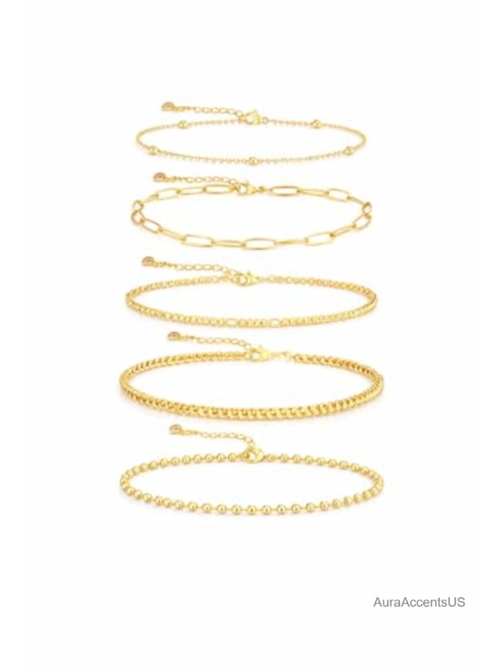 Set of 5 Adjustable Gold Plated Layered Chain Link Bracelets for Women